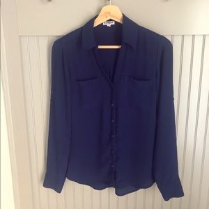Express Portofino Chiffon Button Up Blouse - Navy